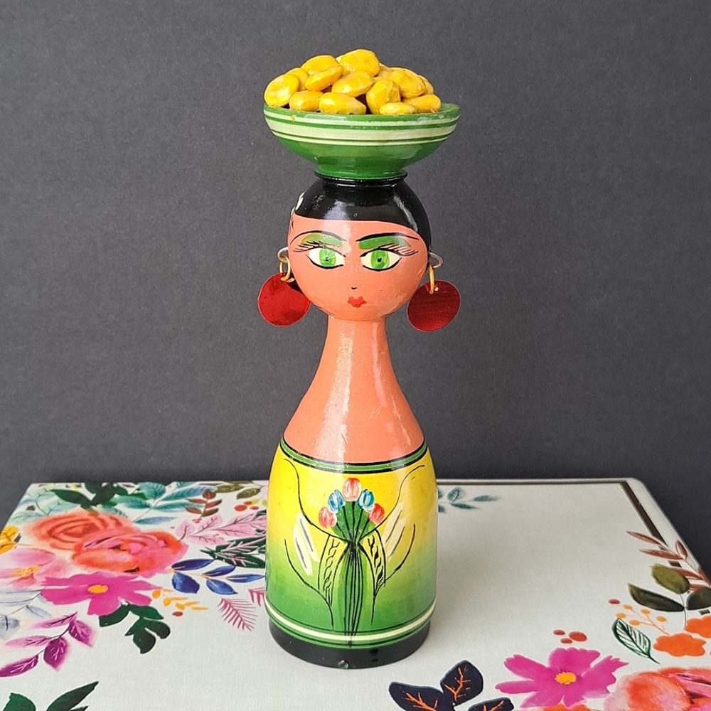 Vintage Handpainted Wooden Egyptian Peg Doll Figurine Folk Art Woman green eyes